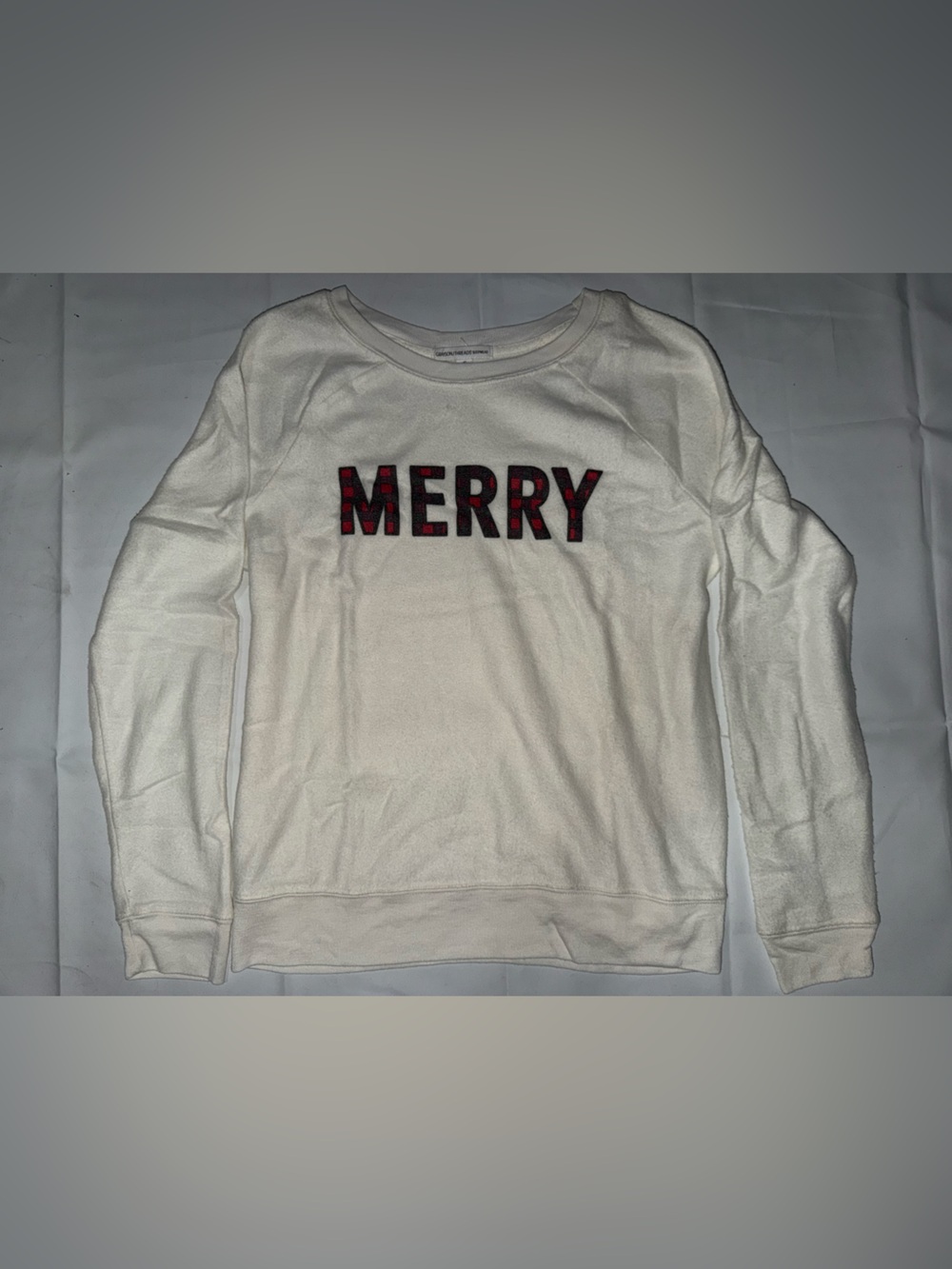 Grayson Threads Cream Crewneck Sweater with Red Plaid "MERRY" Graphic